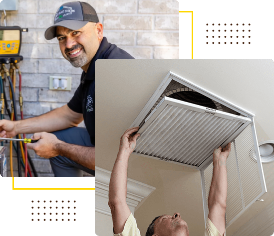 A collage of men working on air vents.